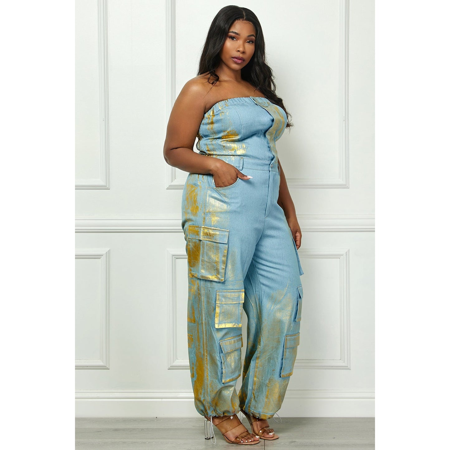 Foil Vintage Cargo Denim Jumpsuit (Plus Size)