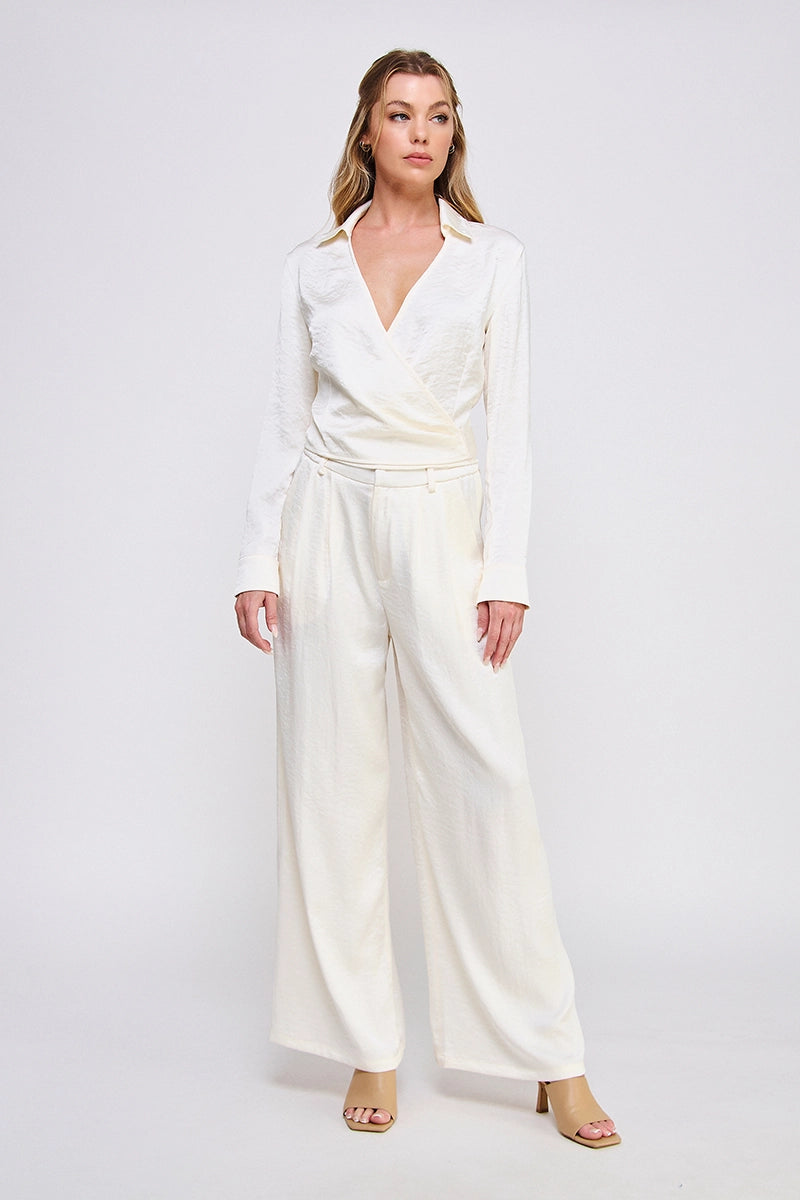 Crinkle Satin Tie Wrap Shirt & Pants - Butter Cream