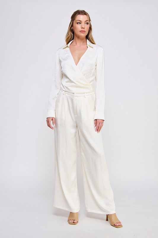 Crinkle Satin Tie Wrap Shirt & Pants - Butter Cream