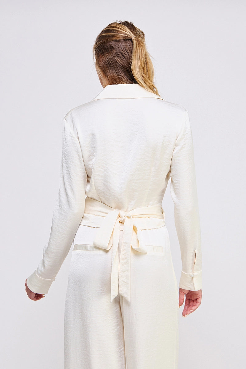 Crinkle Satin Tie Wrap Shirt & Pants - Butter Cream