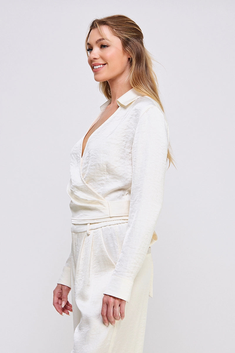 Crinkle Satin Tie Wrap Shirt & Pants - Butter Cream