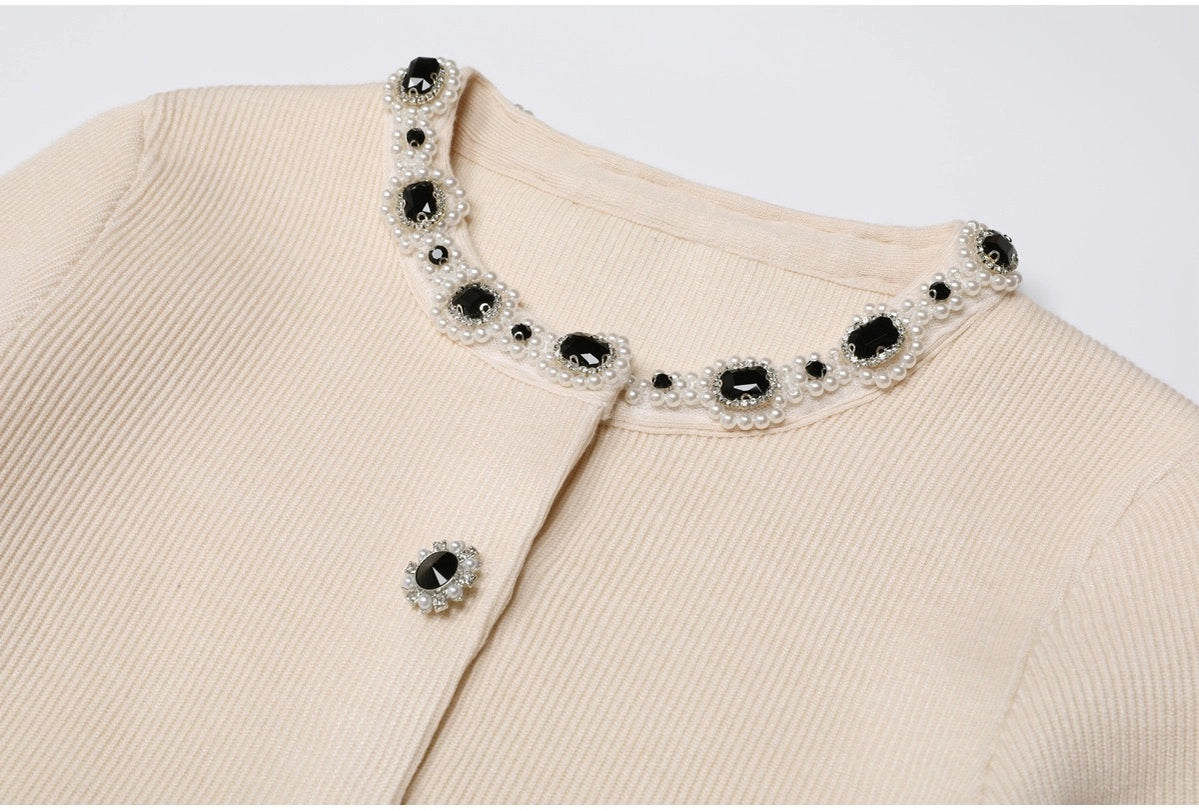 Beaded Knit Cardigan and Skirt Set (2 Colors)