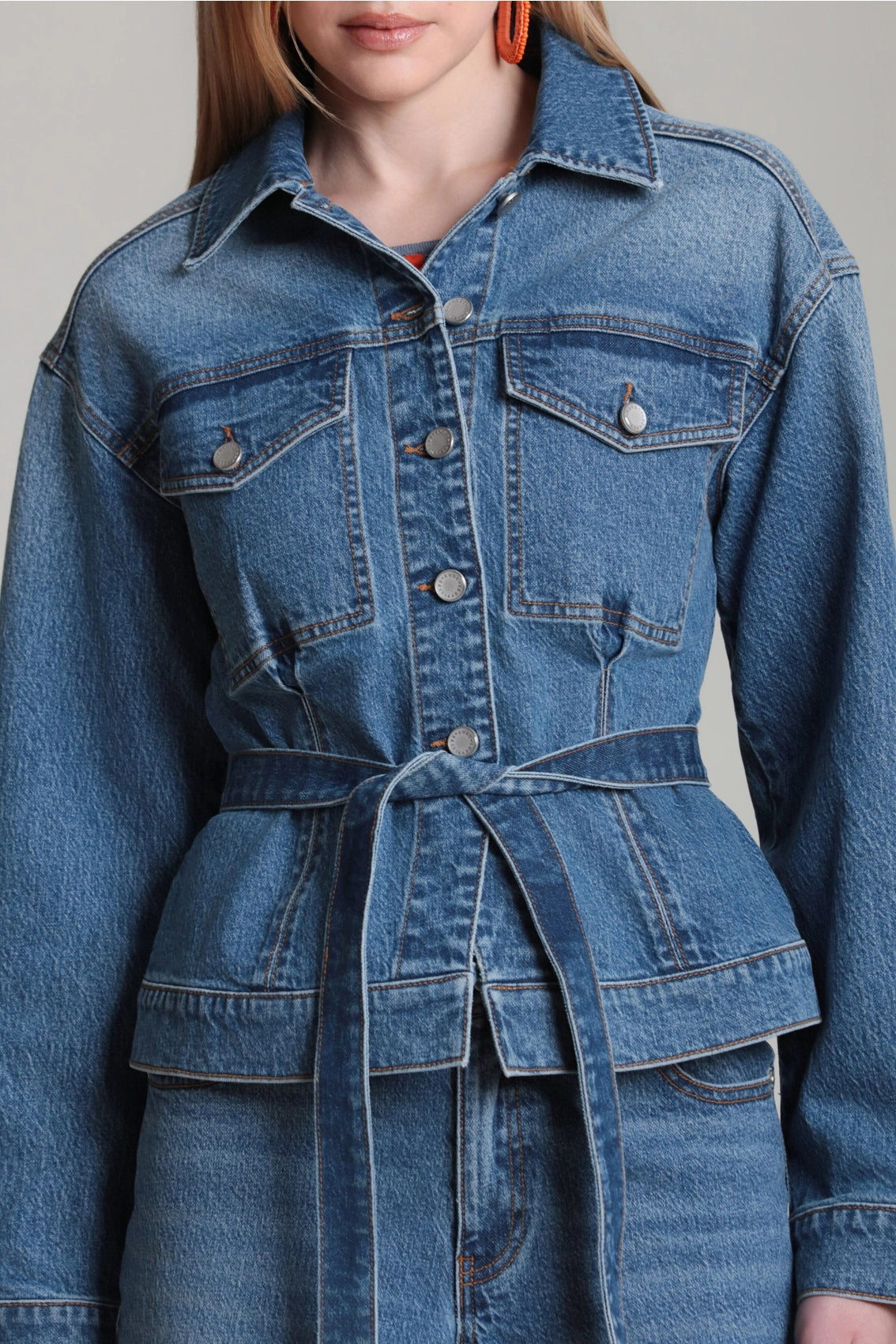 Cinched Back Belted Denim Trucker Jacket