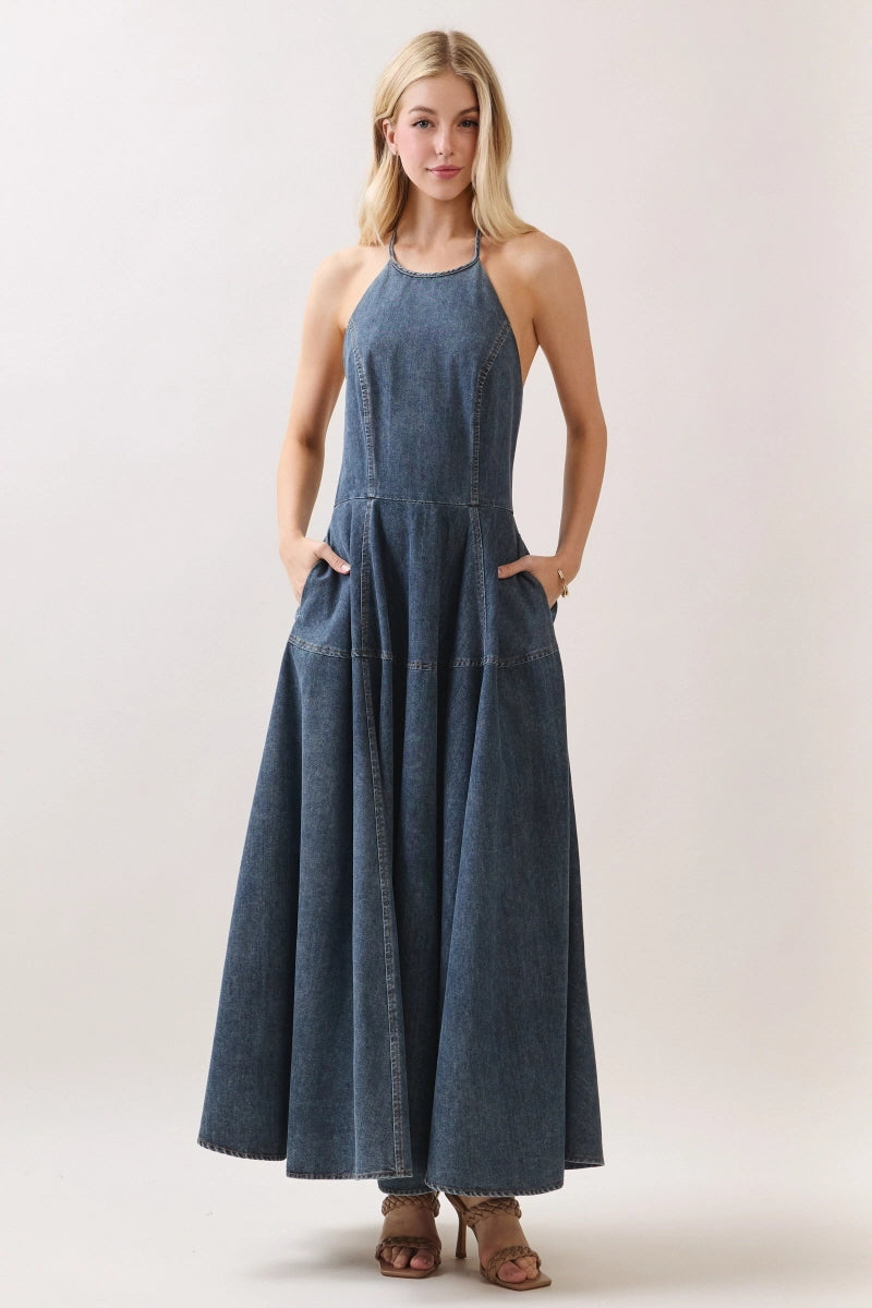 Washed Denim Halter Maxi Dress