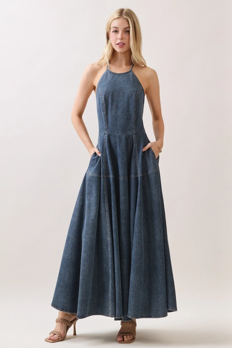 Washed Denim Halter Maxi Dress