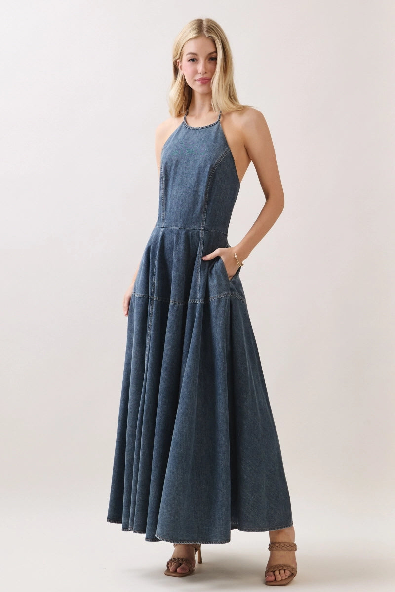 Washed Denim Halter Maxi Dress