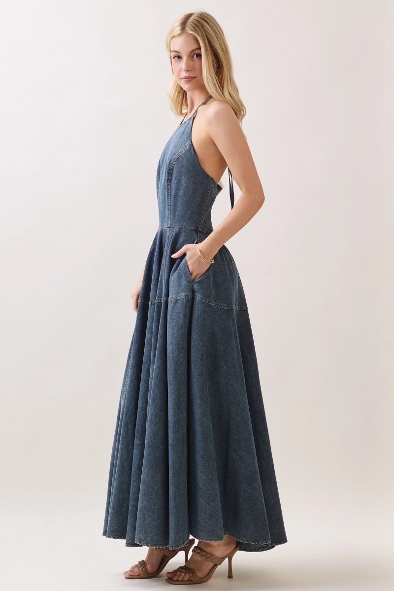 Washed Denim Halter Maxi Dress