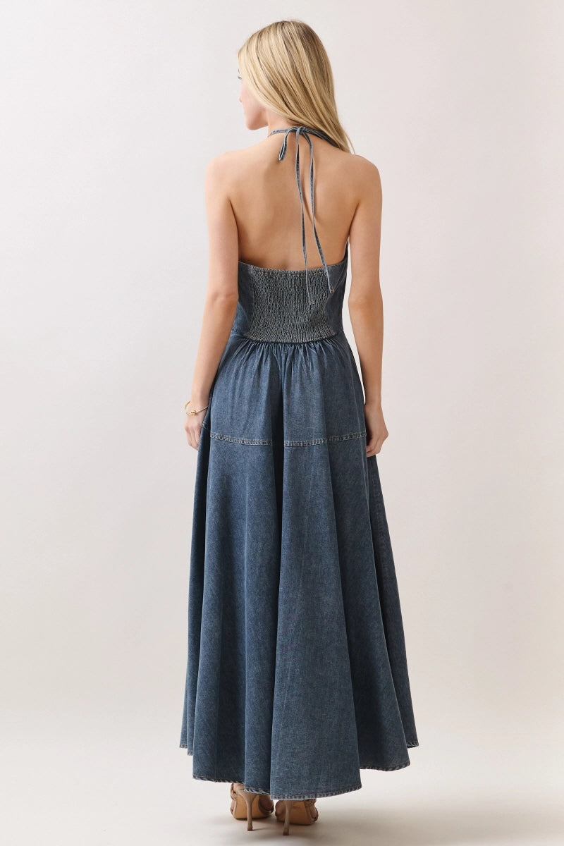 Washed Denim Halter Maxi Dress