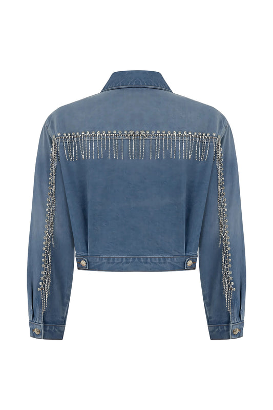 Denim Jacket with Rhinestone Embroidery Fringe