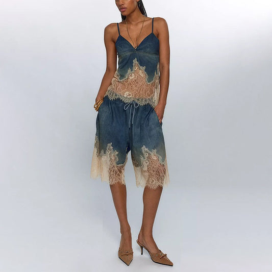 Lace and Denim Top and Shorts (PREORDER)