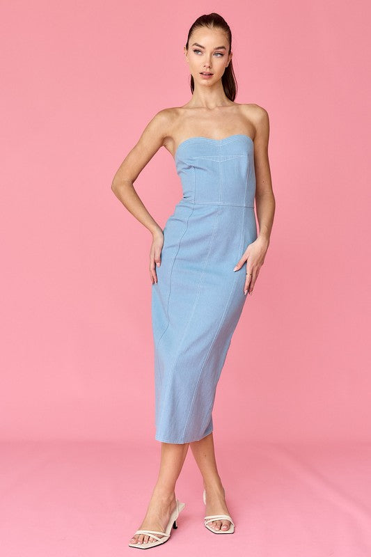 Mia Strapless Denim Midi Dress