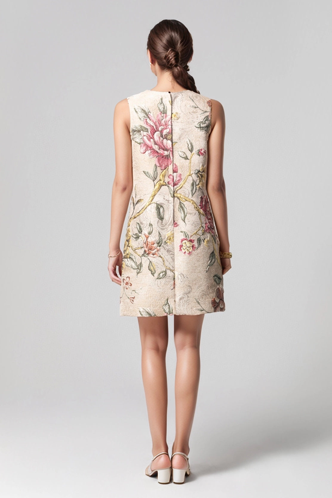 Elegant Floral Hand-Beaded Jacquard A-Line Dress