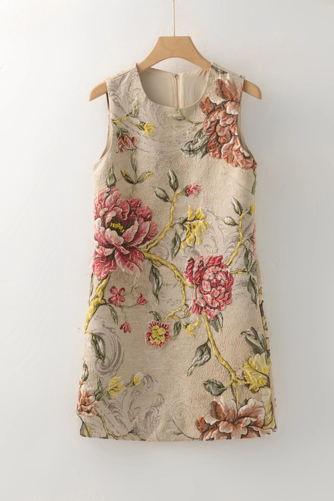 Elegant Floral Hand-Beaded Jacquard A-Line Dress