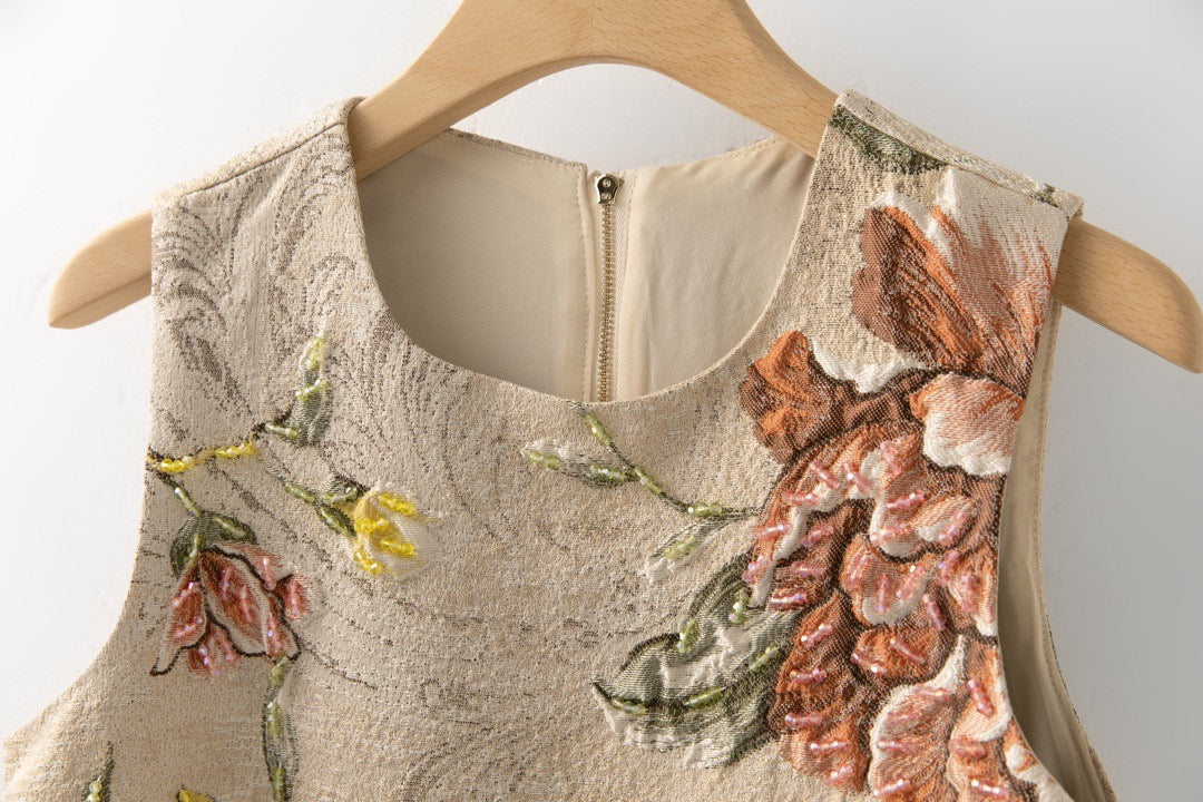 Elegant Floral Hand-Beaded Jacquard A-Line Dress