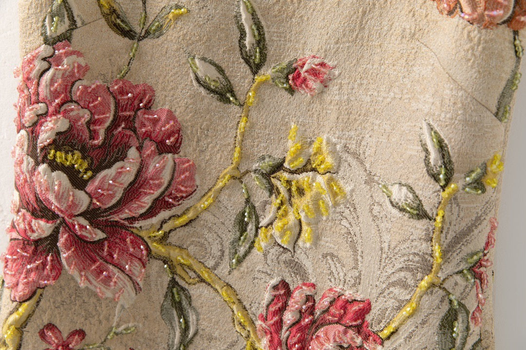 Elegant Floral Hand-Beaded Jacquard A-Line Dress