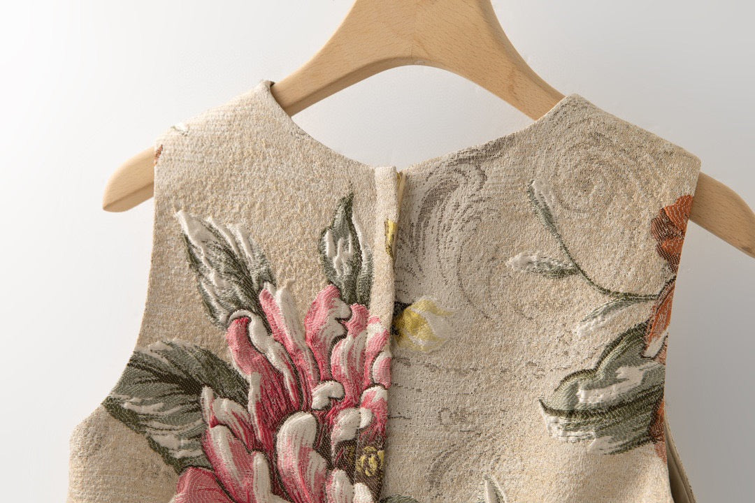 Elegant Floral Hand-Beaded Jacquard A-Line Dress