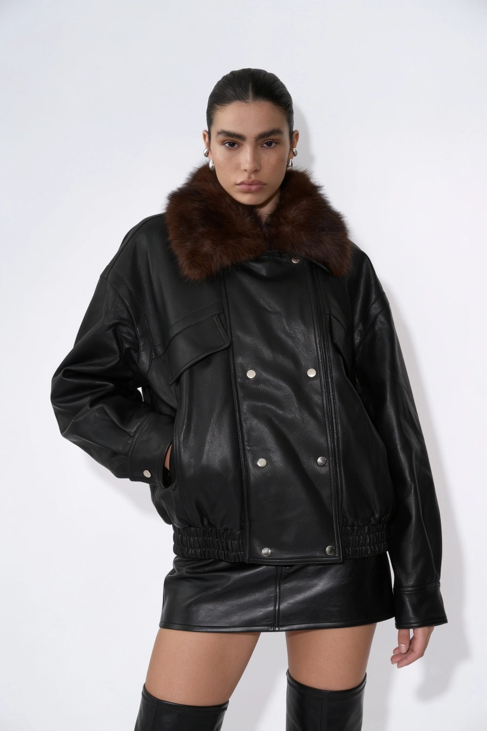Faux Fur Collar Vegan Leather Bomber