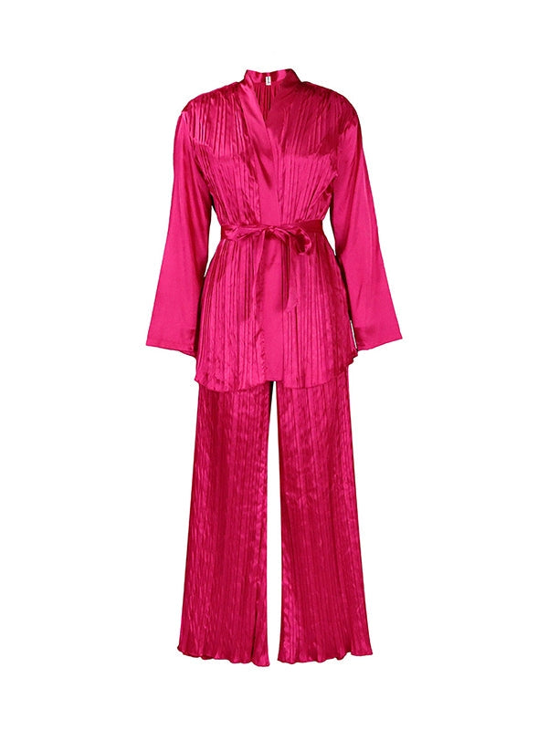 Pleated Tied Waist Pants Set - Plus Size Available