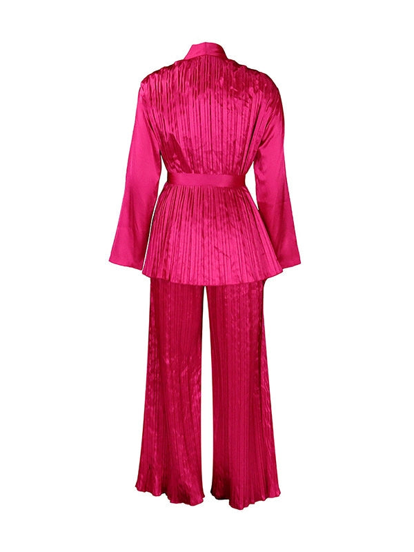 Pleated Tied Waist Pants Set - Plus Size Available
