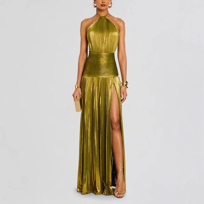 Gold Metallic Halter Wrap Dress