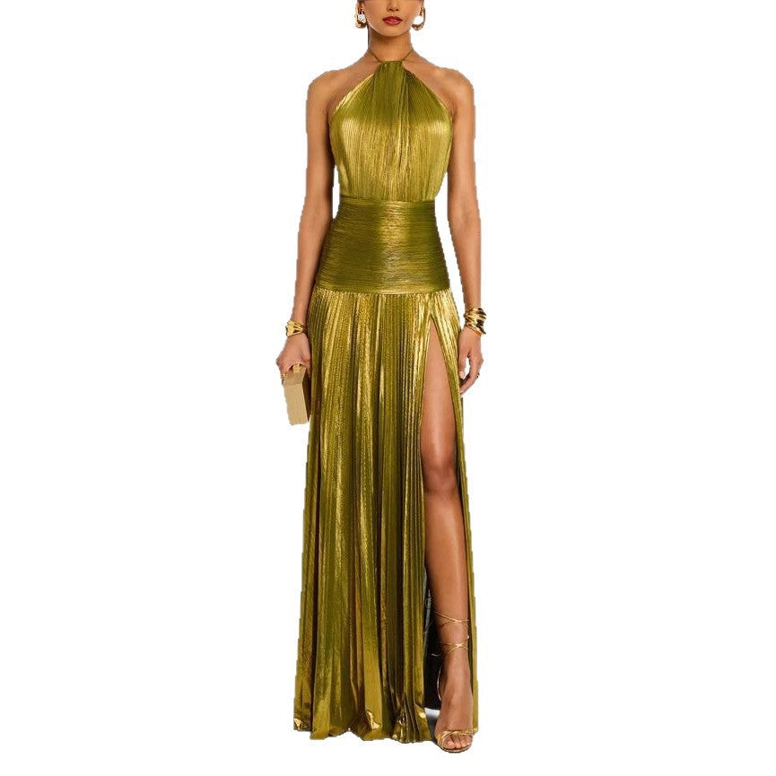 Gold Metallic Halter Wrap Dress