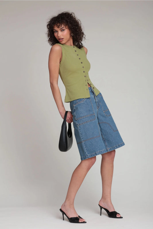 Flower Button Ribbed Cotton Tank Top