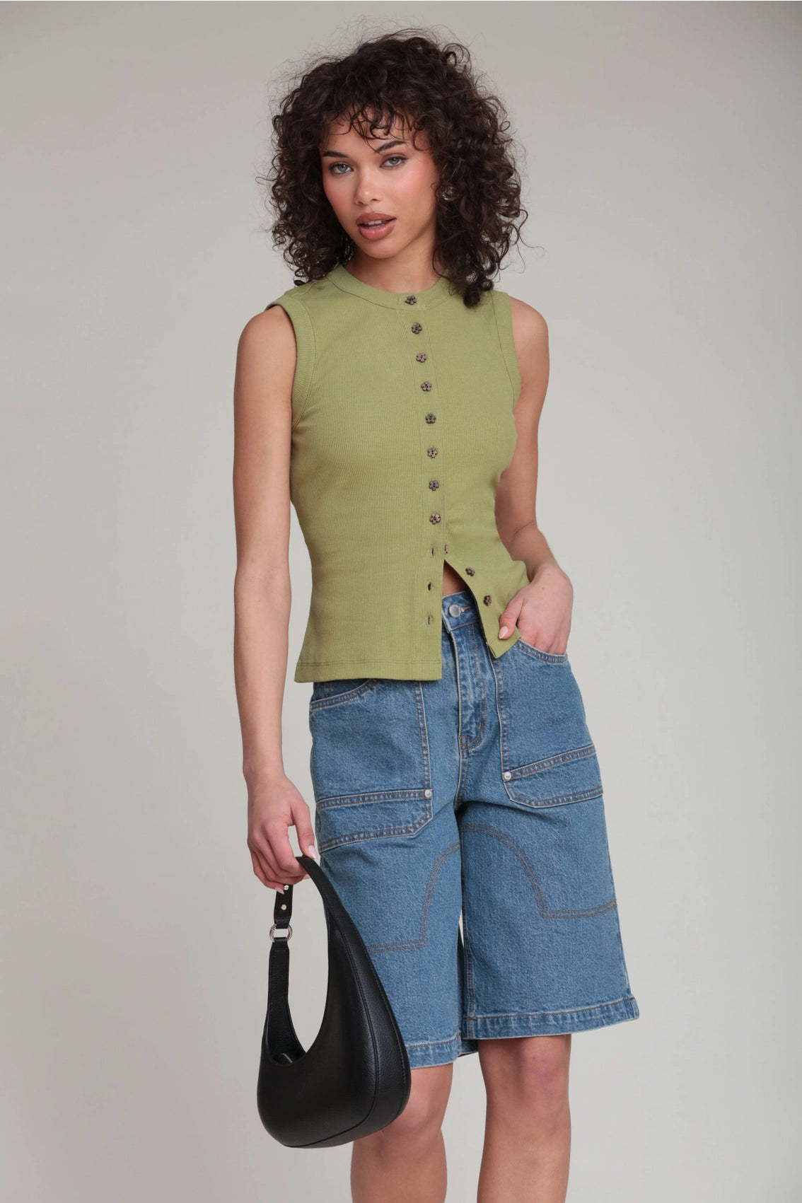 Flower Button Ribbed Cotton Tank Top
