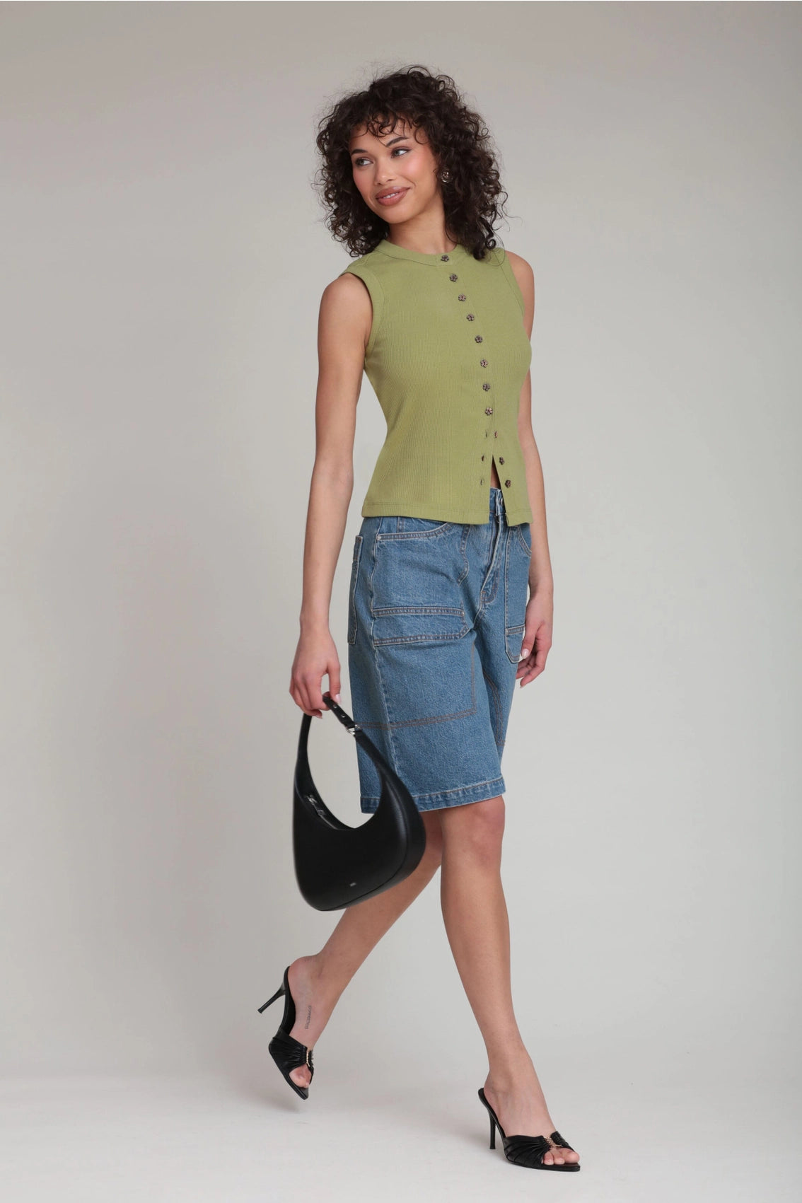 Flower Button Ribbed Cotton Tank Top