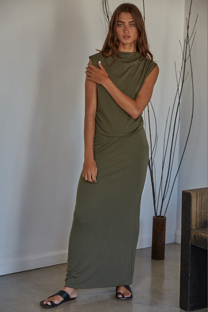 Knit Jersey Mock Neck Top and Skirt Set - Olive