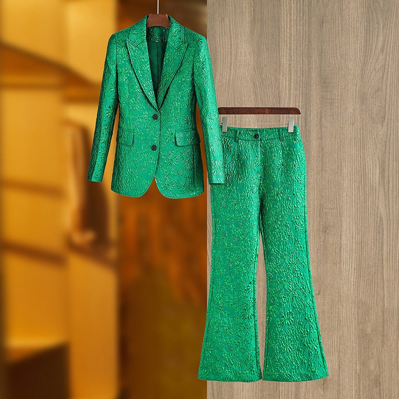 Elegant Green Jacquard Pantsuit