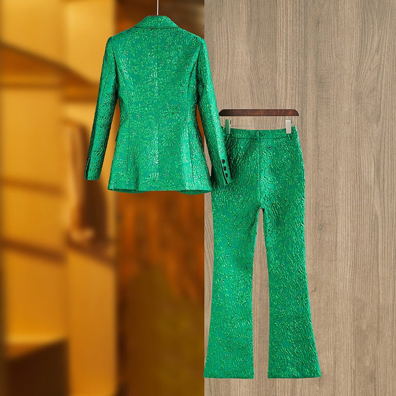 Elegant Green Jacquard Pantsuit