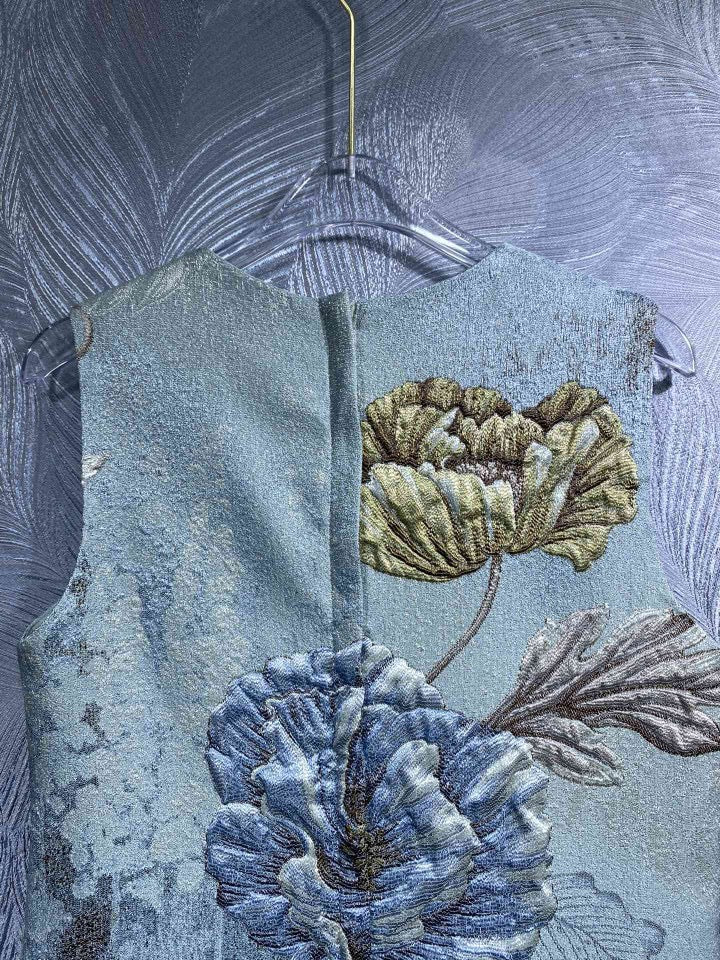 Elegant Floral Hand-Beaded Jacquard A-Line Dress
