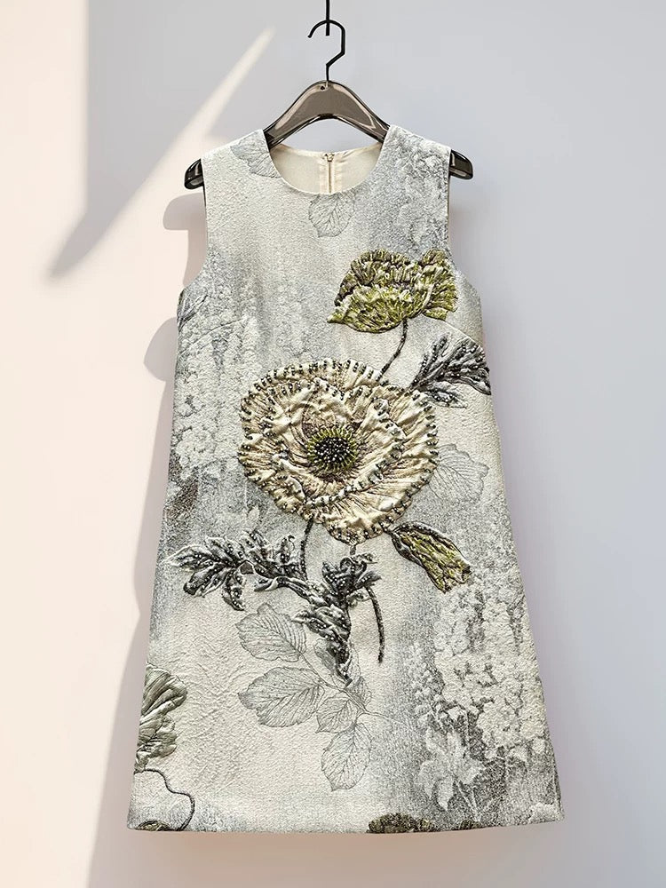 Elegant Floral Hand-Beaded Jacquard A-Line Dress