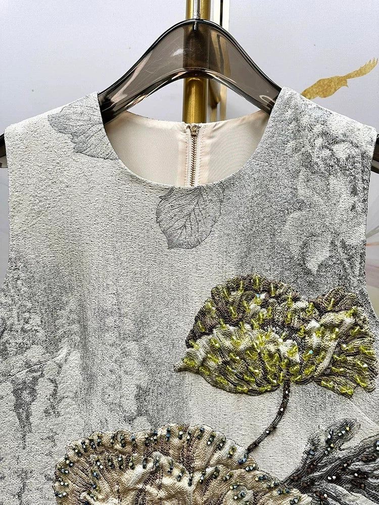 Elegant Floral Hand-Beaded Jacquard A-Line Dress