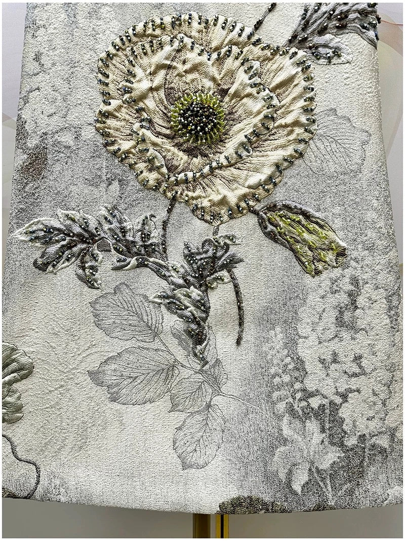 Elegant Floral Hand-Beaded Jacquard A-Line Dress
