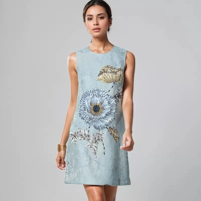 Elegant Floral Hand-Beaded Jacquard A-Line Dress