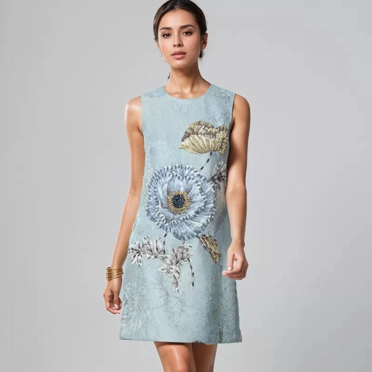 Elegant Floral Hand-Beaded Jacquard A-Line Dress