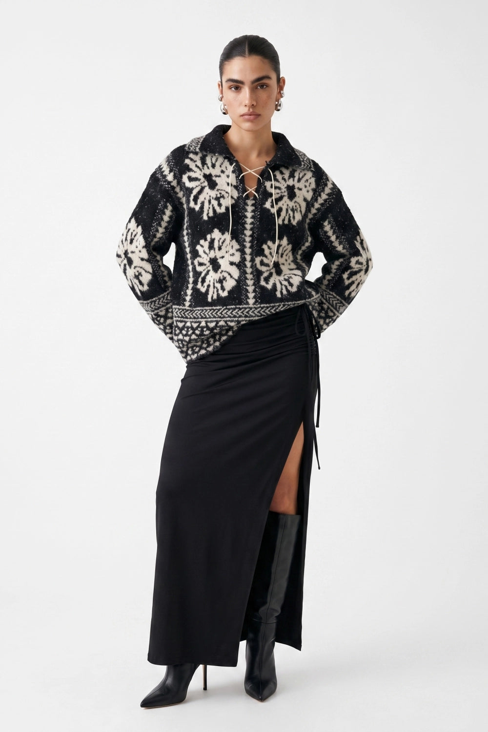 Lace Up Floral Jacquard Plush Knit Jacket