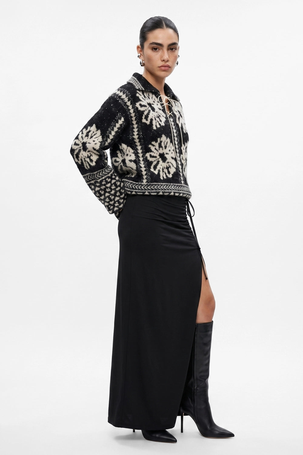 Lace Up Floral Jacquard Plush Knit Jacket