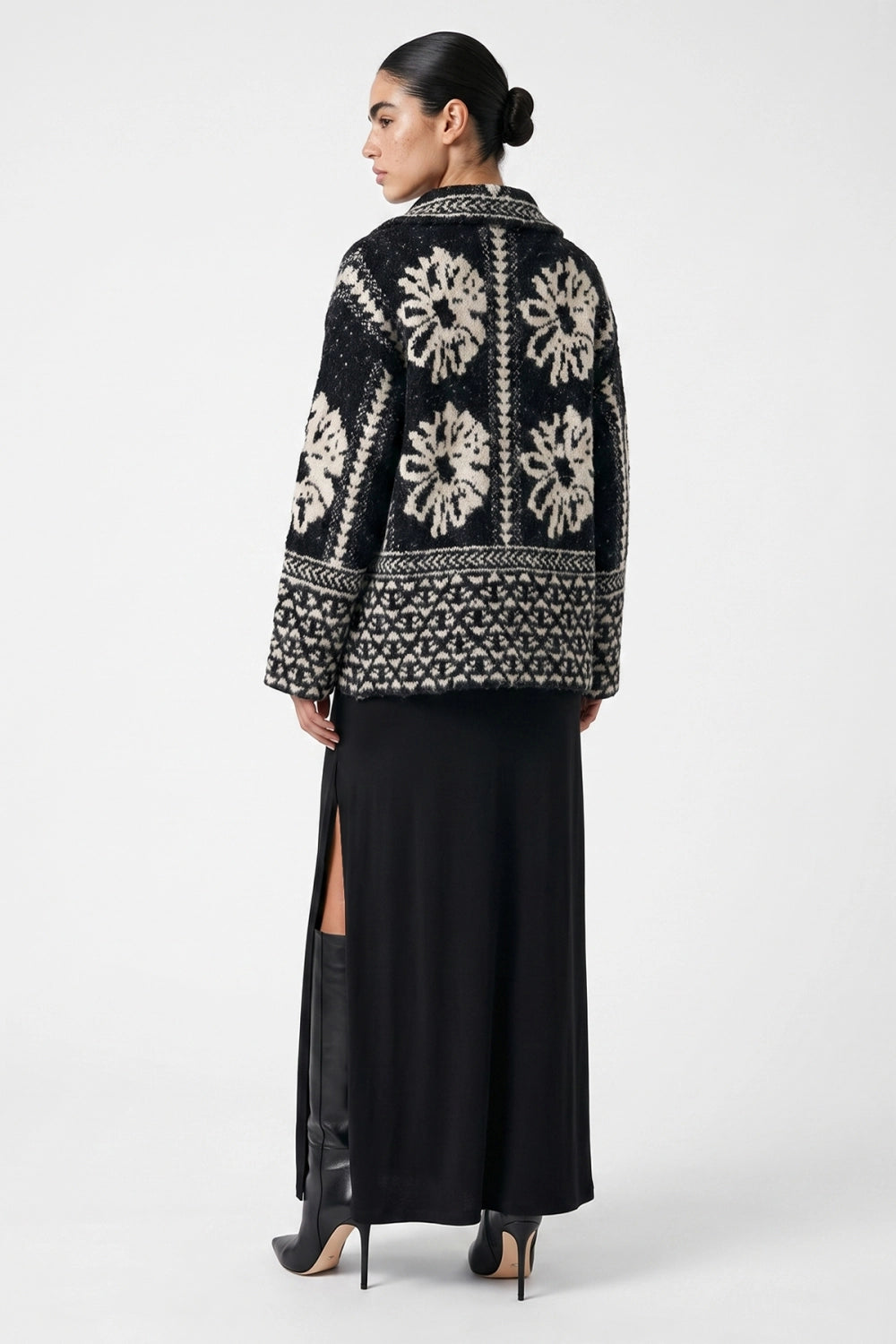 Lace Up Floral Jacquard Plush Knit Jacket