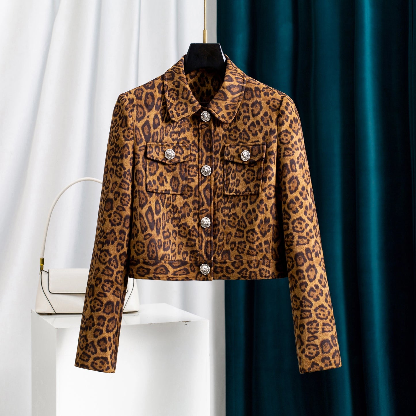 Leopard Print Faux Suede Cropped Jacket