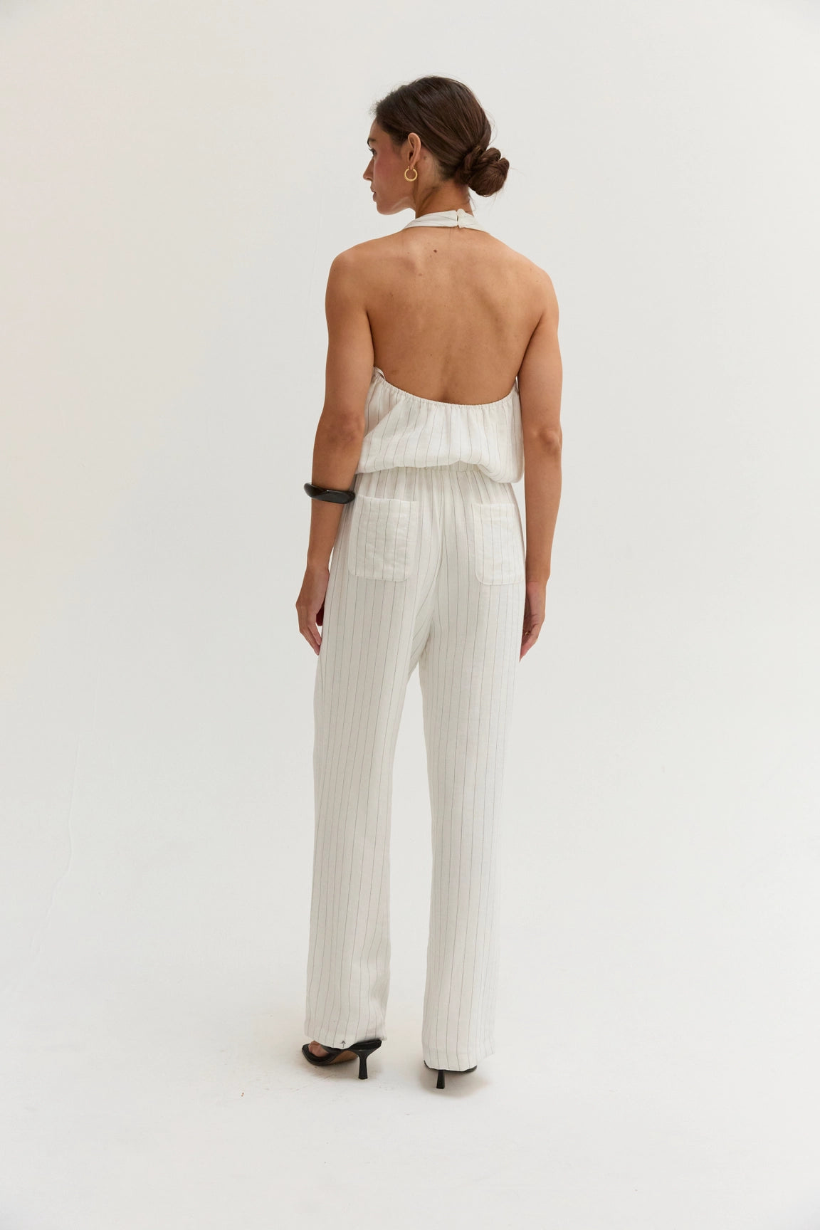 Luna Pinstripe Halter Linen Blend Jumpsuit
