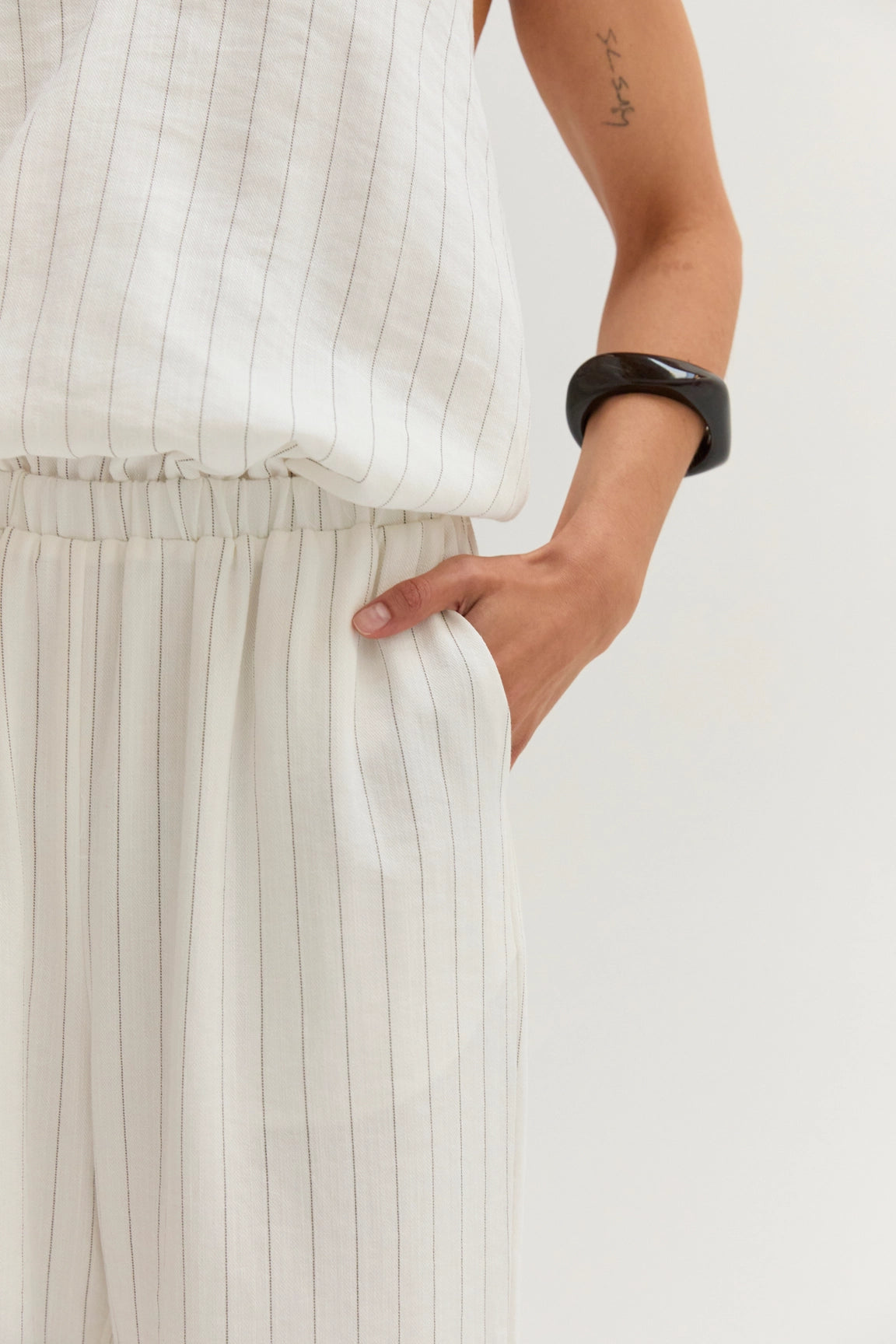 Luna Pinstripe Halter Linen Blend Jumpsuit