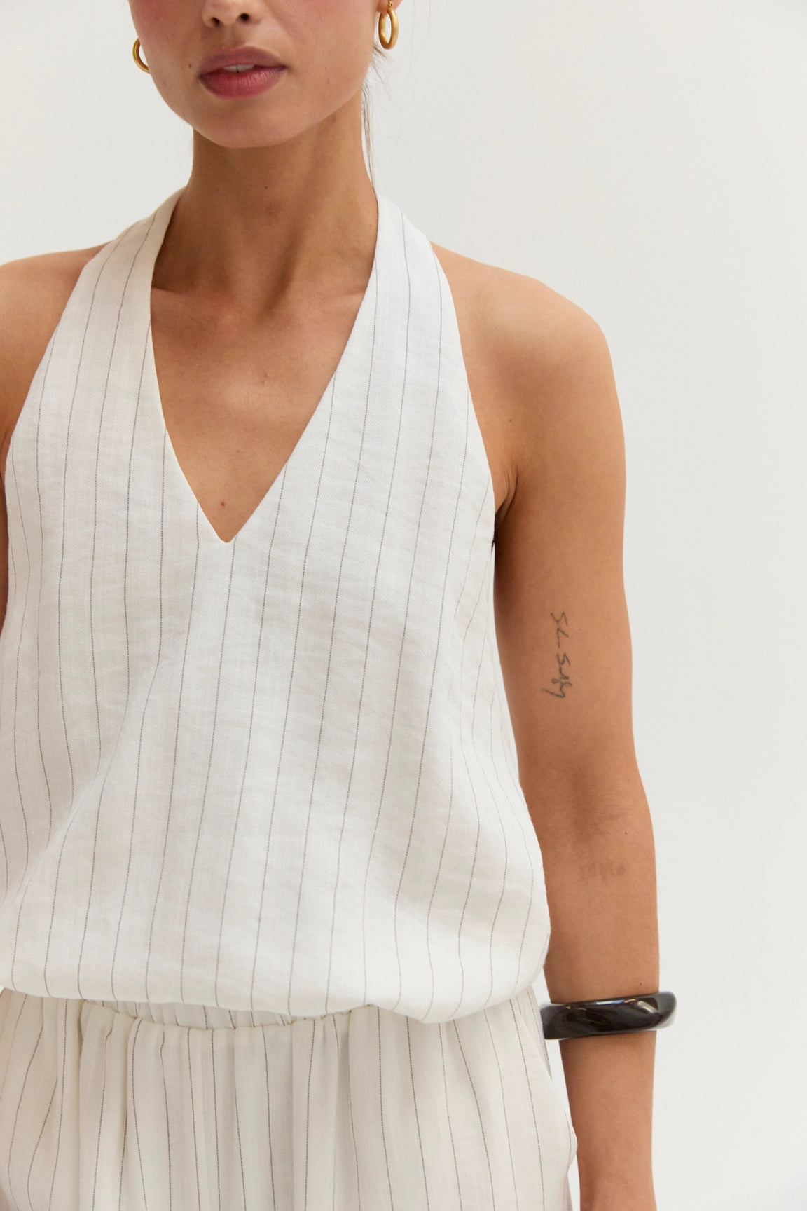 Luna Pinstripe Halter Linen Blend Jumpsuit