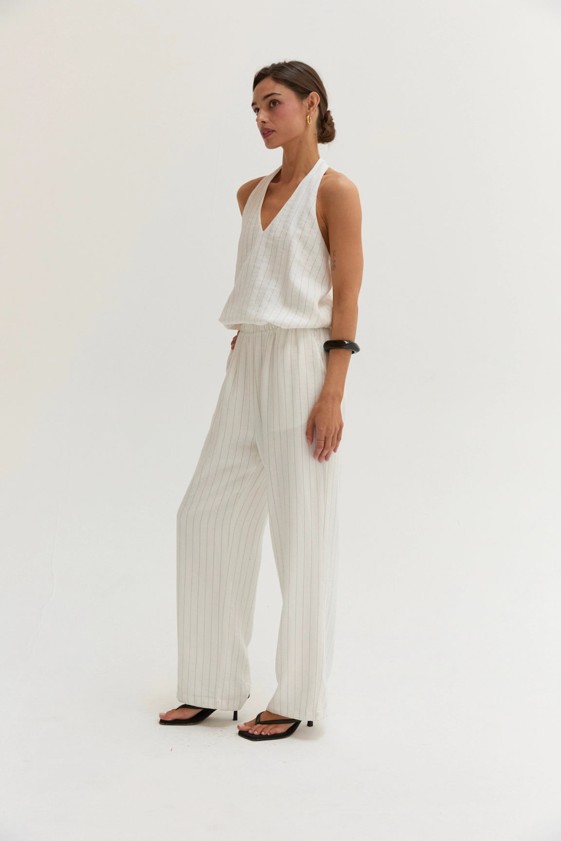 Luna Pinstripe Halter Linen Blend Jumpsuit