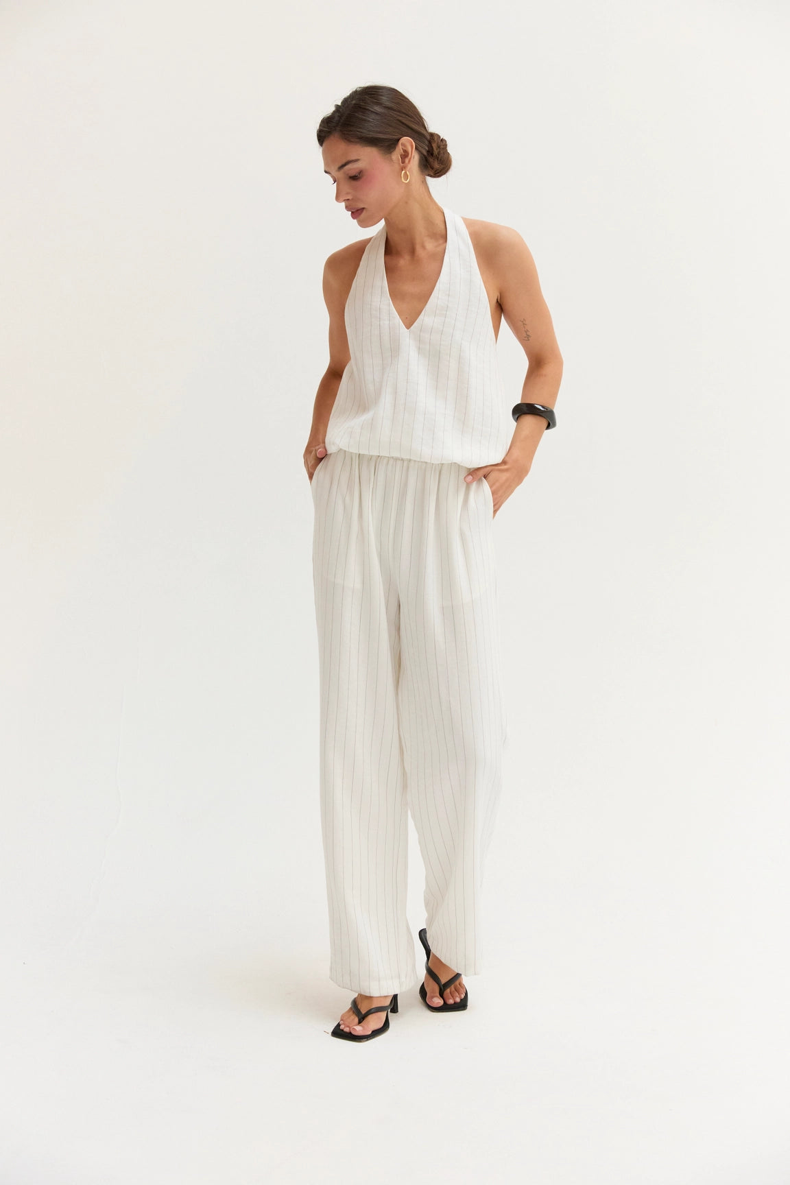 Luna Pinstripe Halter Linen Blend Jumpsuit