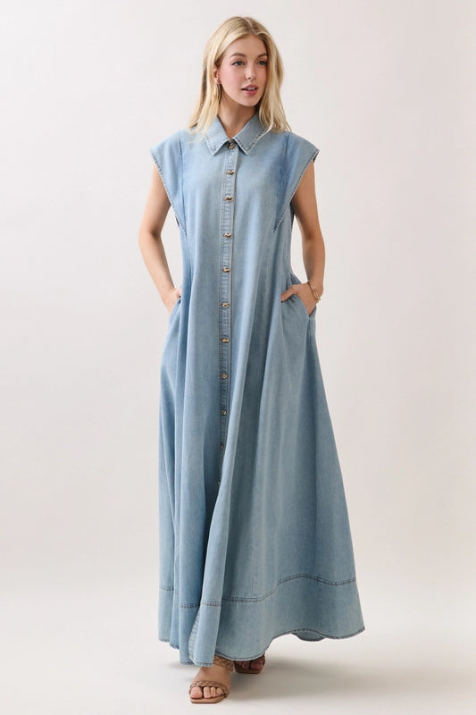 Washed Denim Button Down Maxi Dress