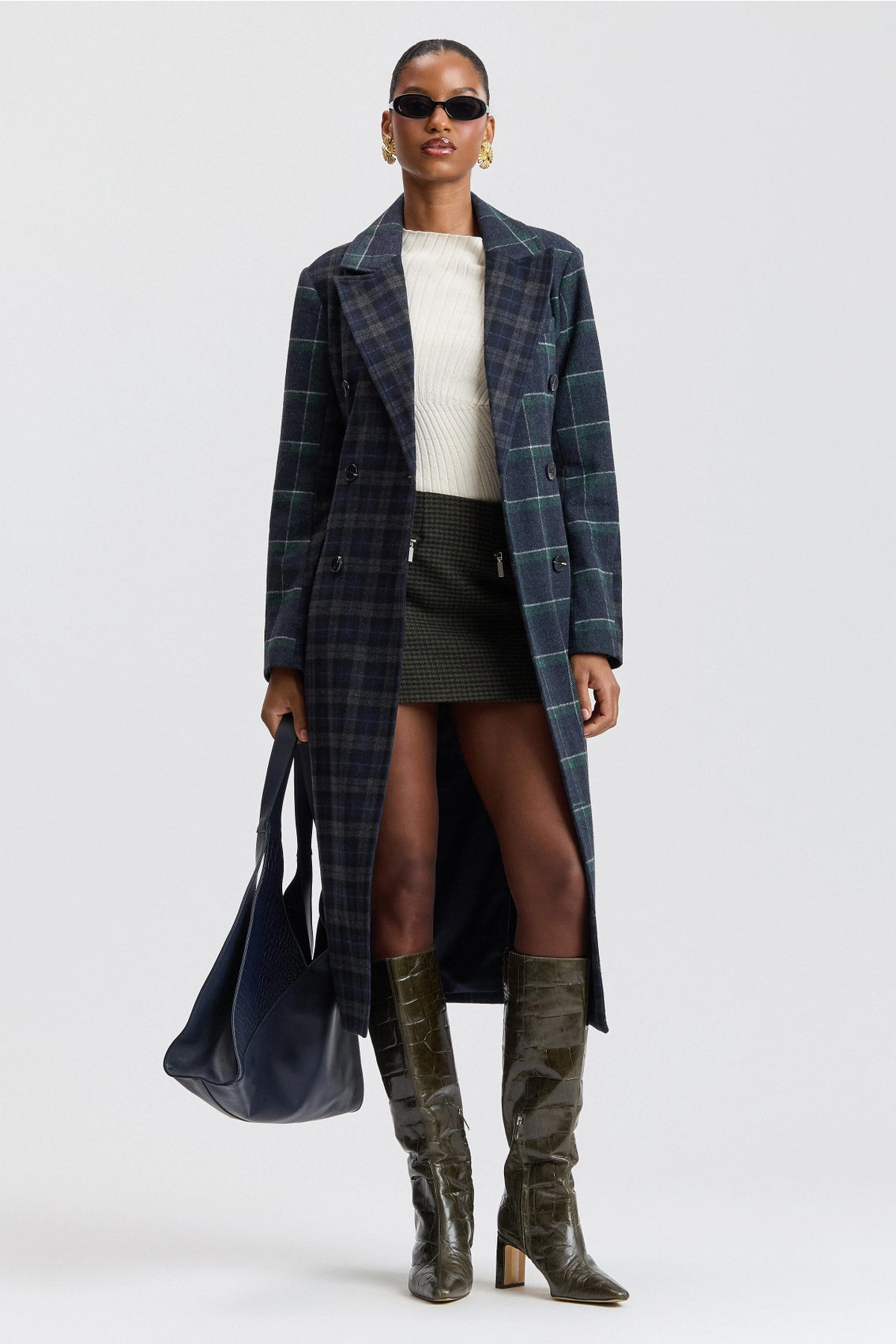 Mixed Plaid Tailored Coat