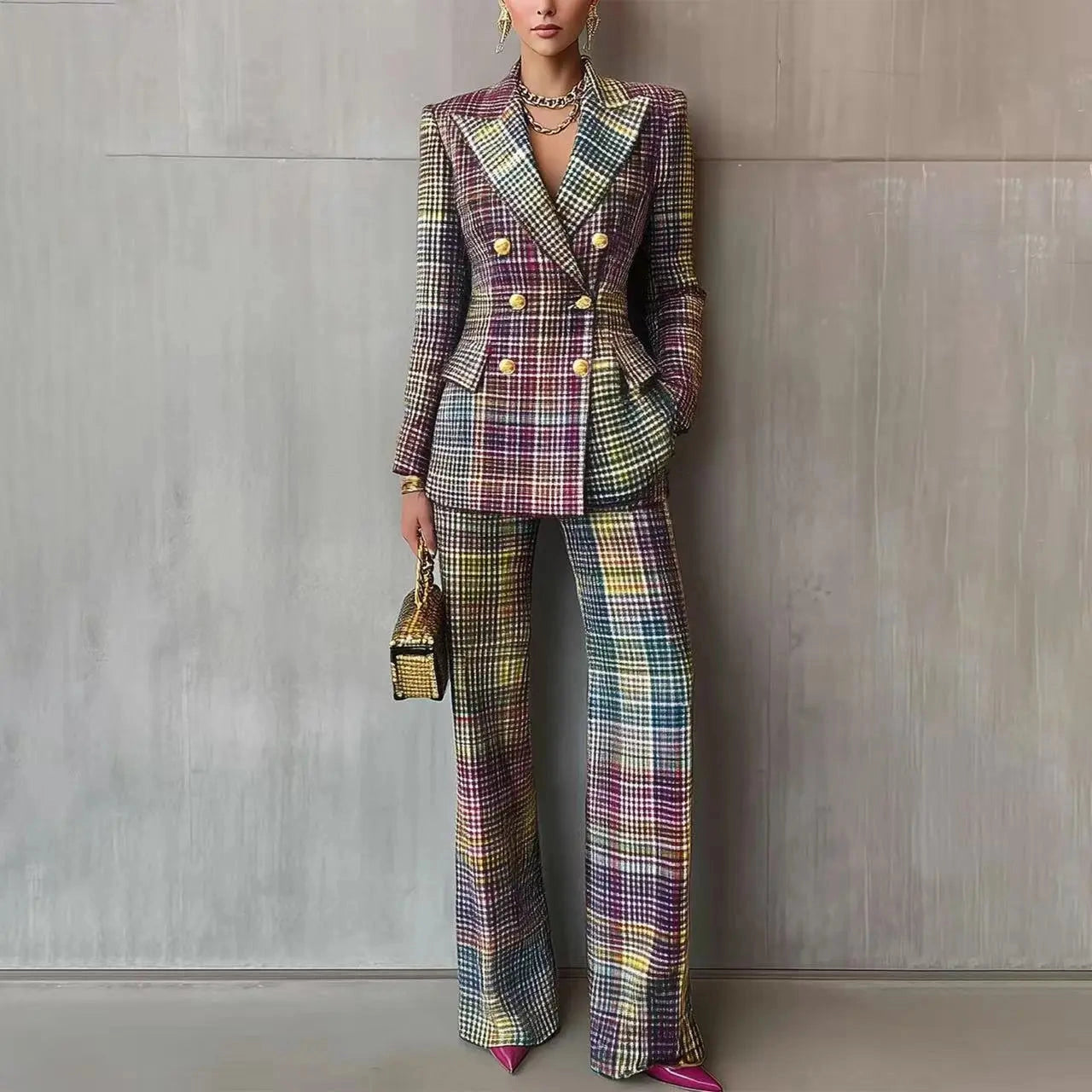 Plaid Fitted Blazer and Pants