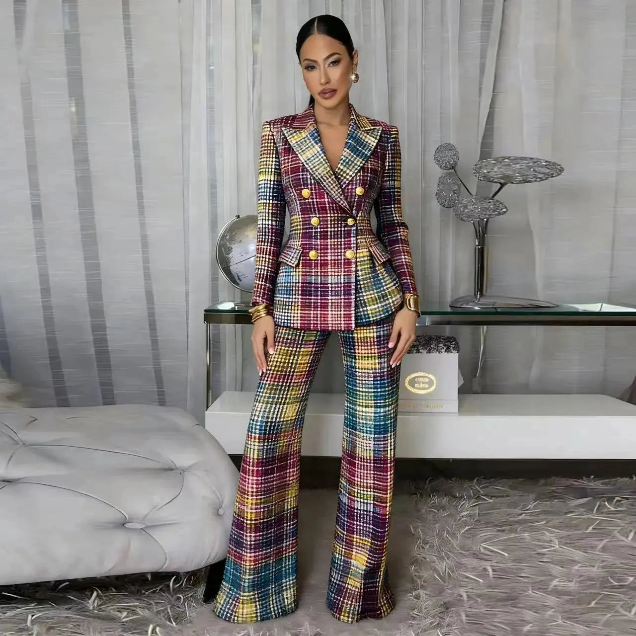 Plaid Fitted Blazer and Pants